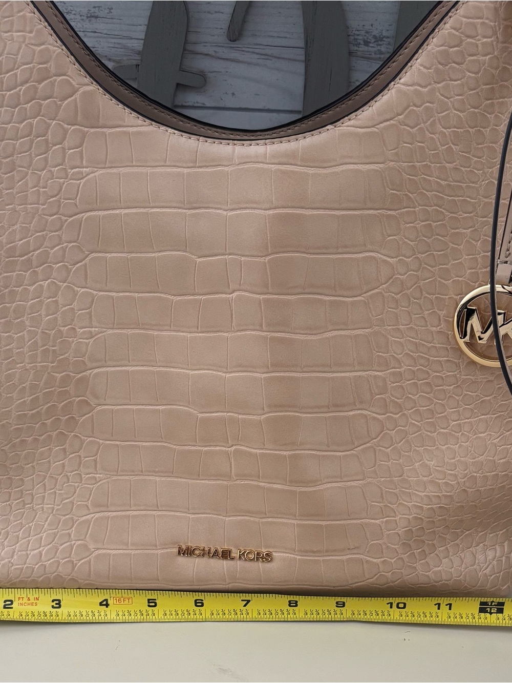 Michael Kors Taupe Croc-Embossed Shoulder Bag with Gold Accent